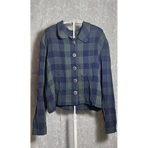 Vintage Dark Academia M Shirt Plaid Blue Green Shacket Button Down Gold Buttons